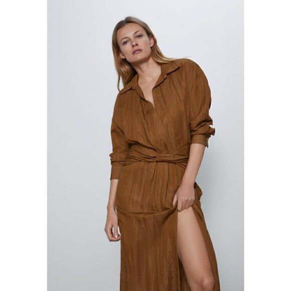 NWOT ZARA Blogger Favorite Brown Caramel Draped Shirt Maxi Dress - Picture 7 of 15